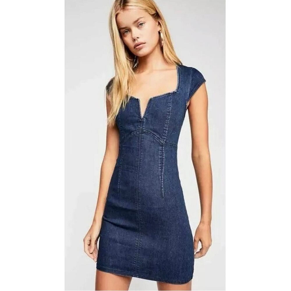 Free People Dark Blue Denim Notch-Neck Mini Dress